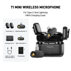 MICROFONE DE LAPELA SEM FIO MAONO WAVE T1 MINI PRETO WM622 TYPE C+LIGHTNING